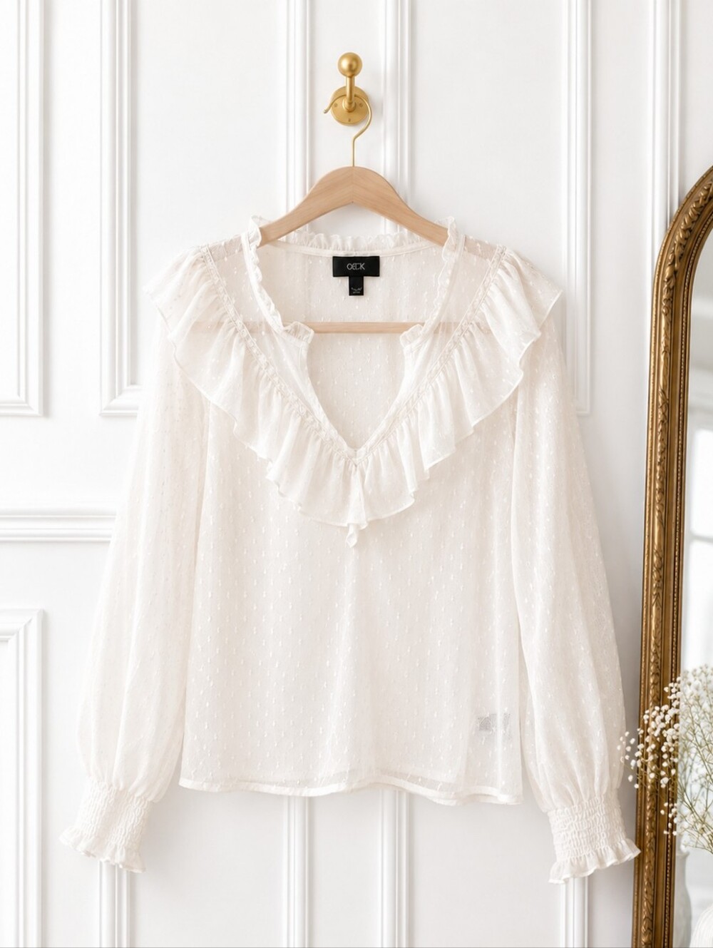 BCX Semi Sheer Swiss Dot Ruffle Blouse Size Large White Long Sleeve Romantic - Picture 5 of 8